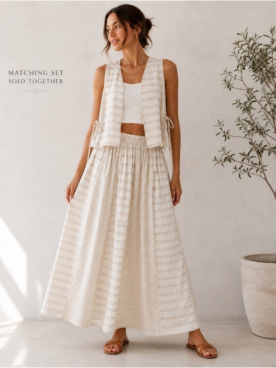 Source Unknown Dresses & Skirts - Linen Blend Matching Set Vest/Maxi Skirt Made in USA-Boho-Neutral-Striped Medium